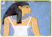 Ancient Egyptian mural depicting a woman with long black hair and traditional jewelry in a historical style.