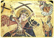 Ancient mural depicting a warrior saint on horseback wielding swords, with additional figures in the background.